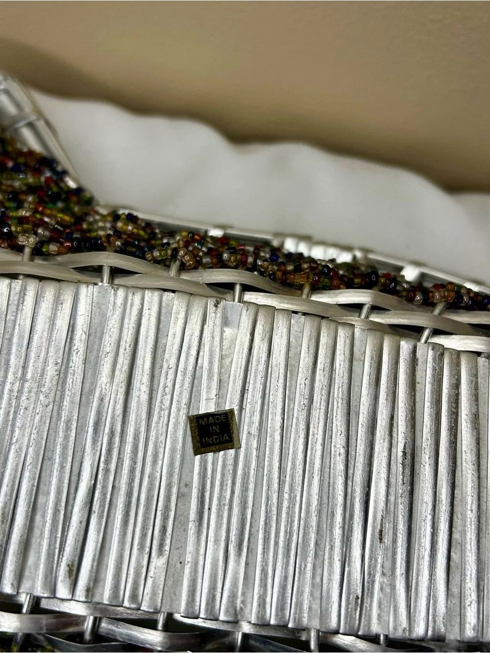Silver-Edged Multi-Hue Beaded Decorative Tray. Made in India. Beautiful!